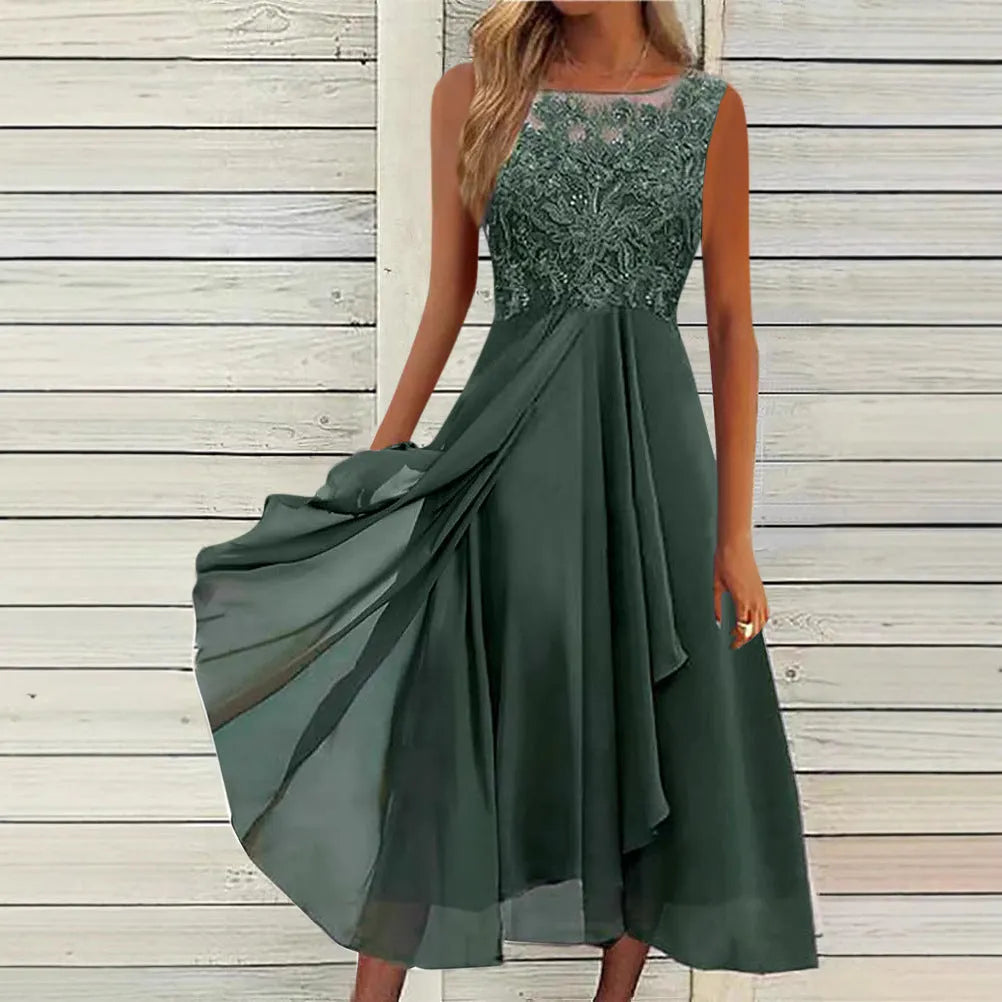 Women's sleeveless green chiffon dress with lace hollow-out detail, mid-length princess style