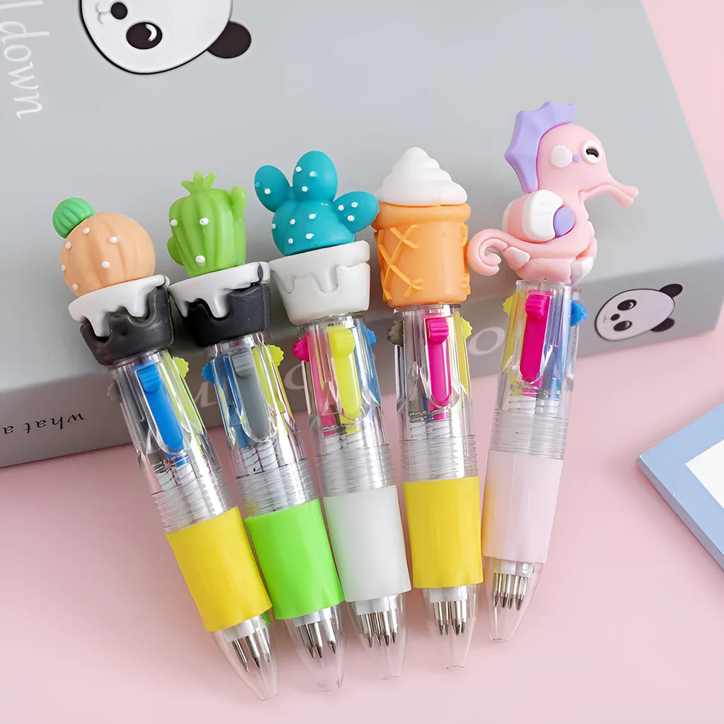 Cartoon-themed four-colour press ballpoint pen showing colour selection button and decorative designs