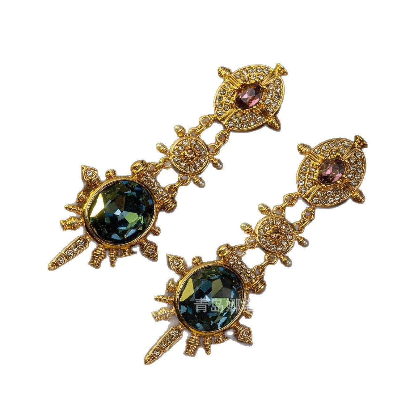 Gold retro geometric stud earrings with round design elements and diamond treatment