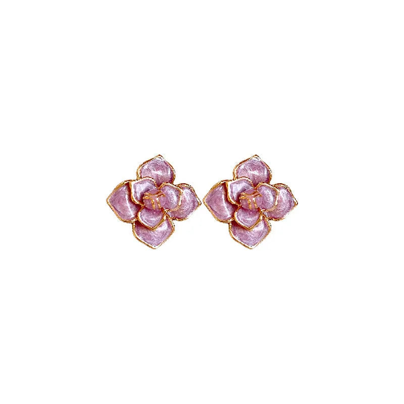 Purple oil-spot glaze flower stud earrings with gold plating on copper