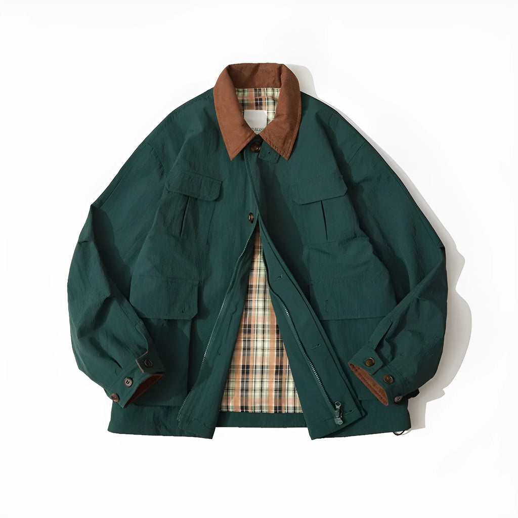 Green and apricot unisex casual jacket with long sleeves and side pockets