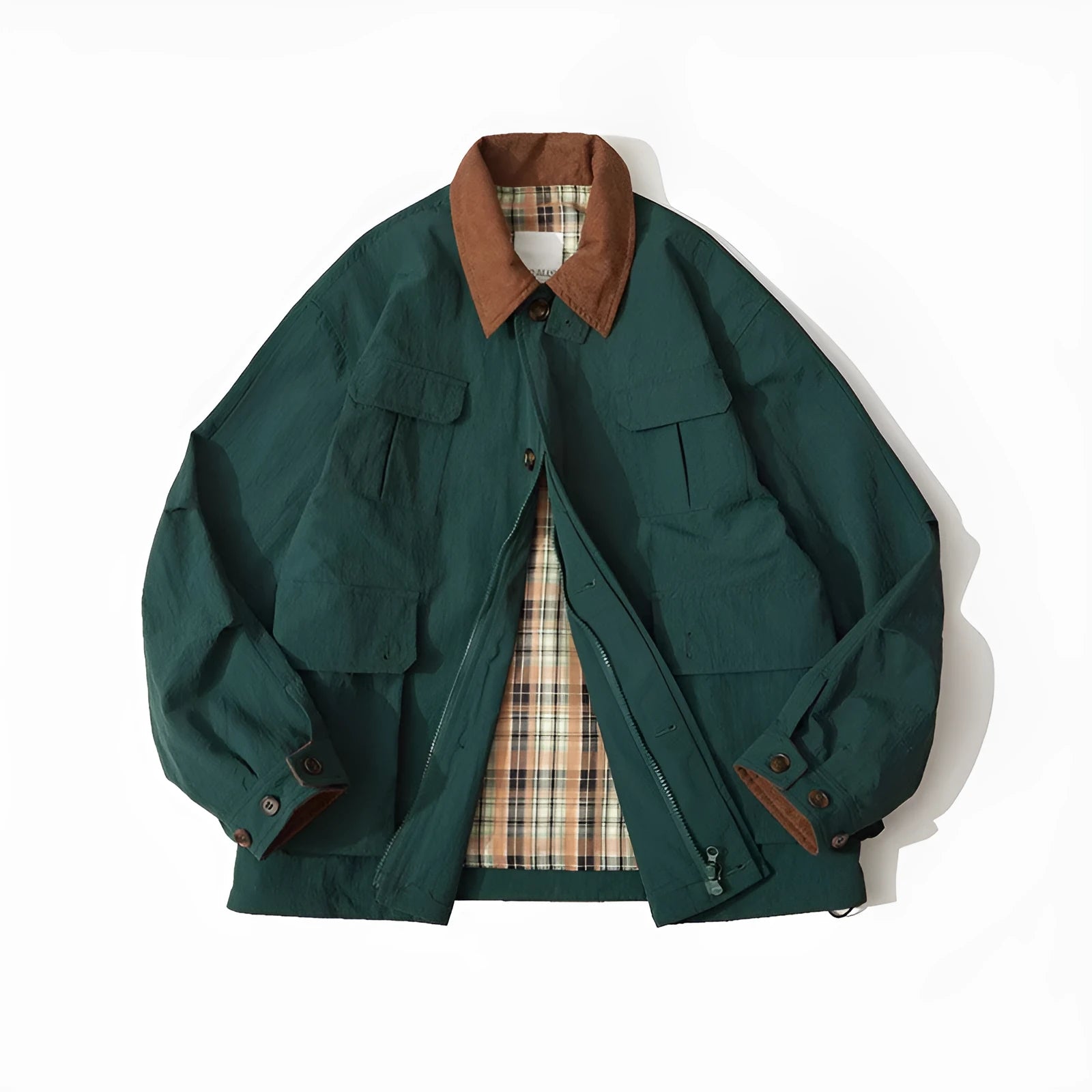 Green and apricot unisex casual jacket with long sleeves and side pockets