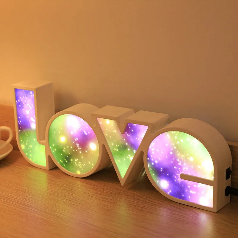 LED LOVE light with rainbow lampshade, plastic build, USB cable, 35.5x13.5cm, romantic bedroom decor