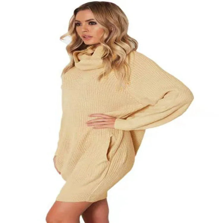 Women's loose fit lapel neck pullover sweater with pocket in light apricot colour.