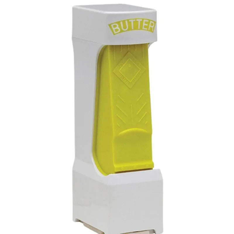 Yellow stick butter cutter cheese slicer one-button dispenser with ABS body and stainless blades on white background