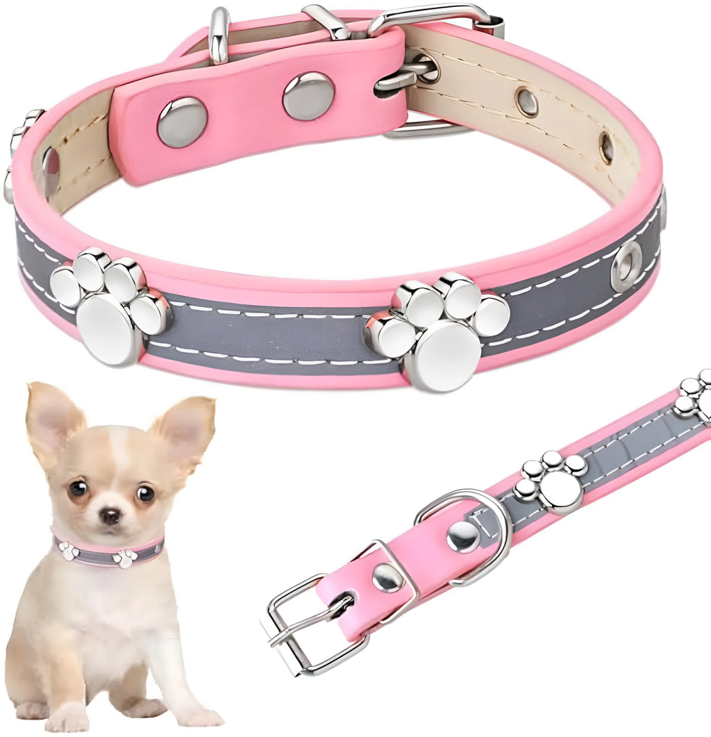 Reflective adjustable dog collar made of brown PU leather with a metal buckle and paw-shaped rivets.