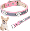 Reflective adjustable dog collar made of brown PU leather with a metal buckle and paw-shaped rivets.