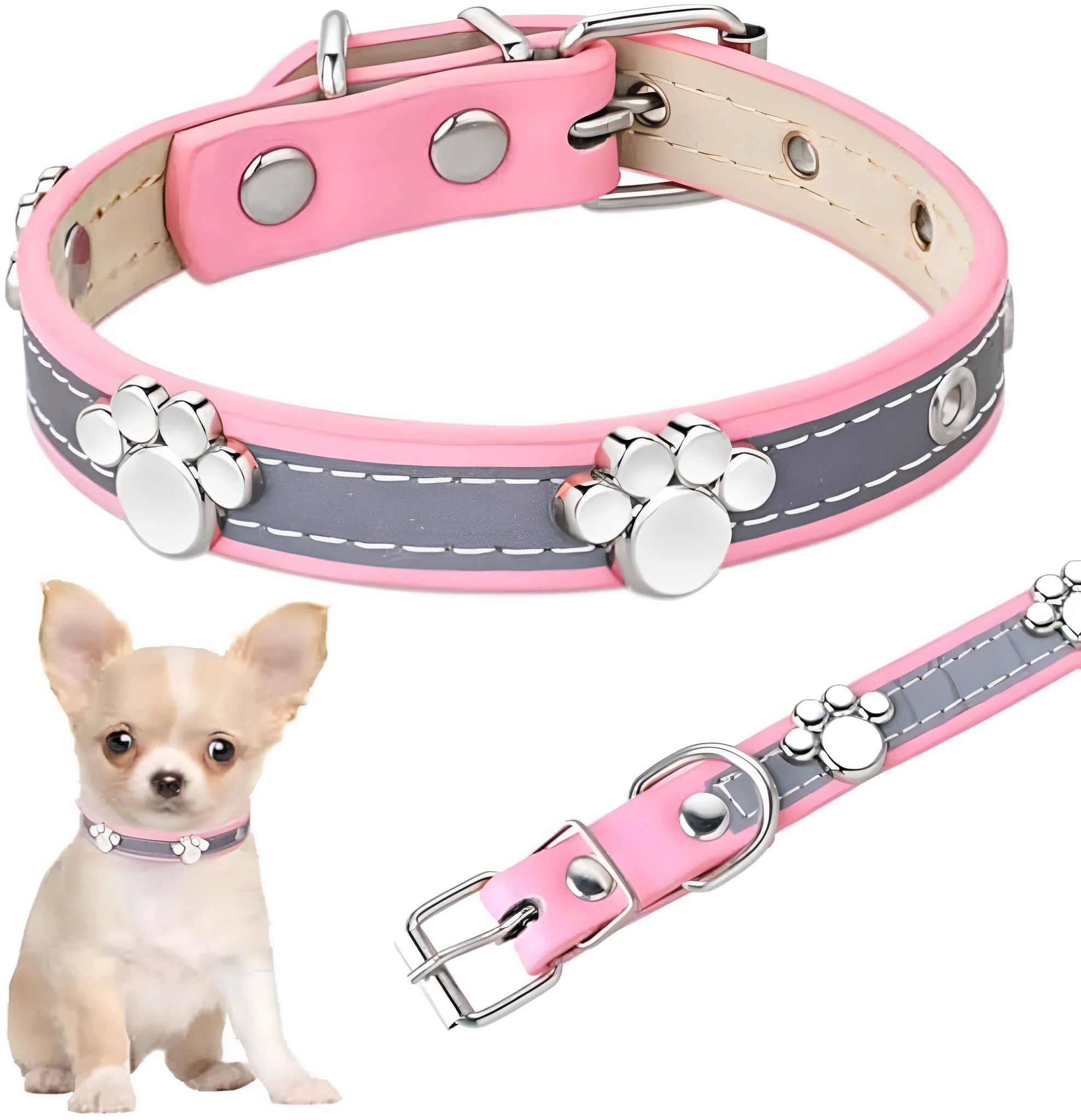 Reflective adjustable dog collar made of brown PU leather with a metal buckle and paw-shaped rivets.