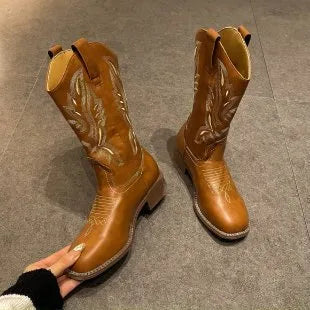 Brown women's embroidered mid-calf boots with leather lining and square heel