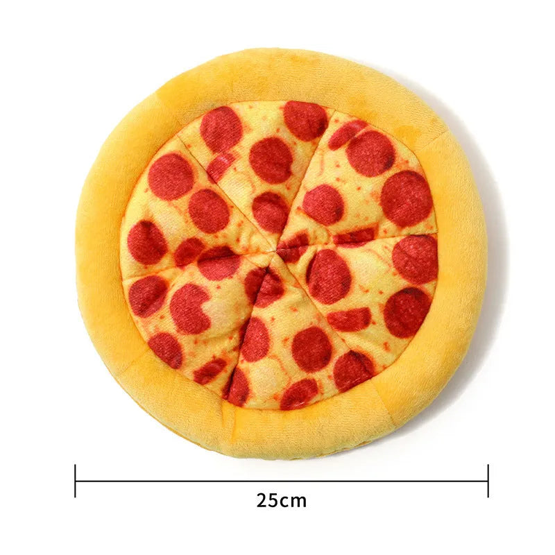 Yellow plush pizza-shaped dog toy with a squeaker inside for chewing and interactive play.