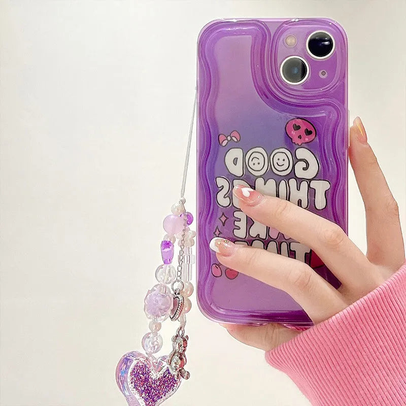Purple graffiti English love chain phone case with pendant for iPhone 14, TPU soft shell full edge coverage