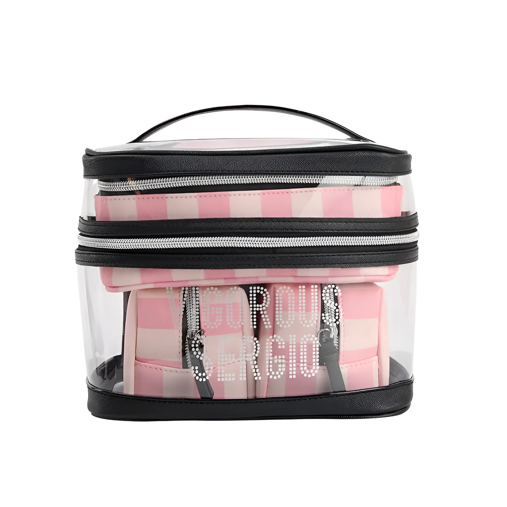 Pink bold stripe floral pattern waterproof synthetic leather makeup buggy bag folded