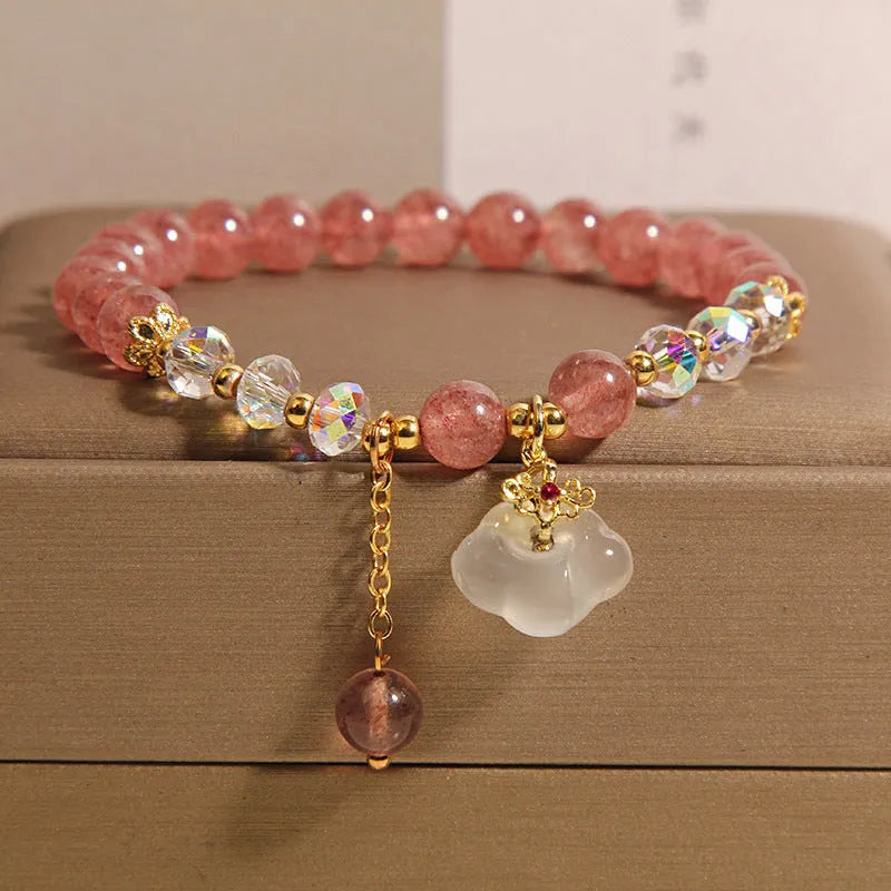 Women's natural strawberry quartz and white agate bracelet auspicious clouds design 40g
