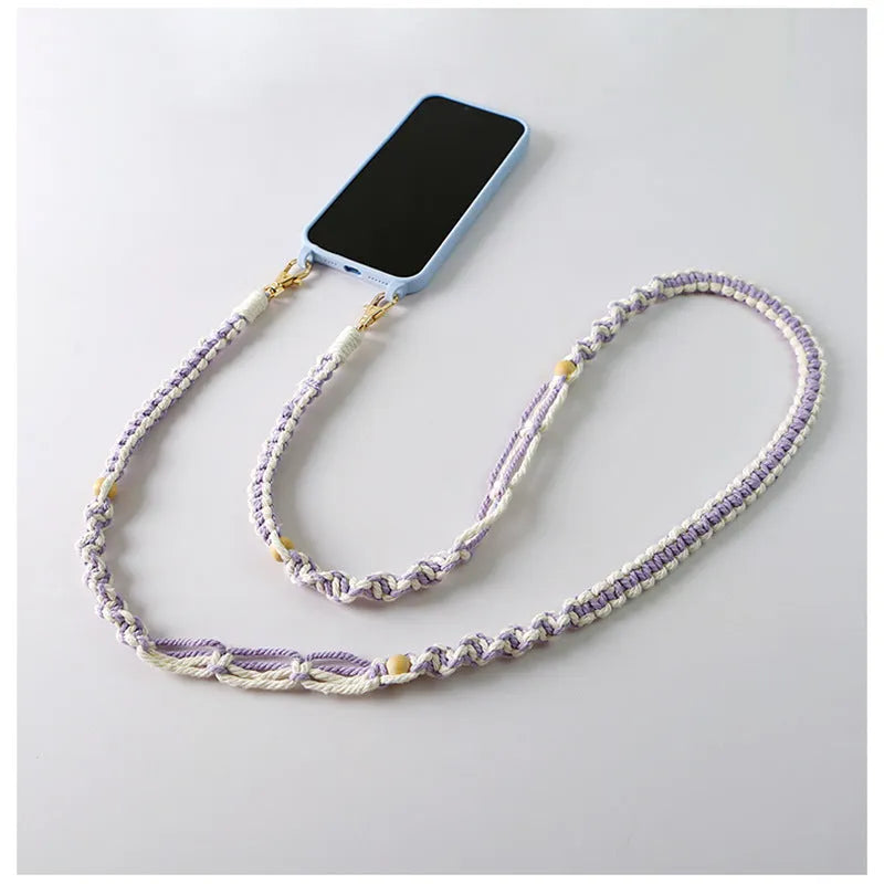 Hand-woven cotton mobile phone charm crossbody strap with alloy connectors in bohemian vintage pastoral style, available in multiple colours.