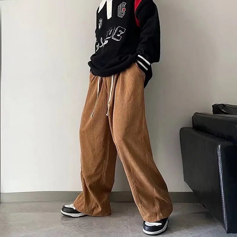 Men's straight leg cotton corduroy trousers in khaki, available in sizes M to 3XL for autumn and winter wear.