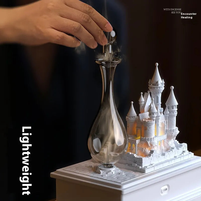 White medieval castle aromatherapy machine with USB charging and ambient light