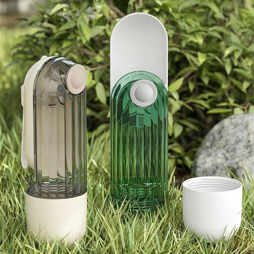 Beige and green foldable dog water bottle with food container, 21.5cm tall with leak-proof design
