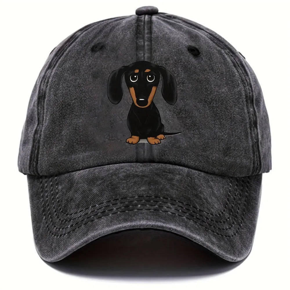 Retro washed baseball cap with embroidered dachshund dog graphic on the front.