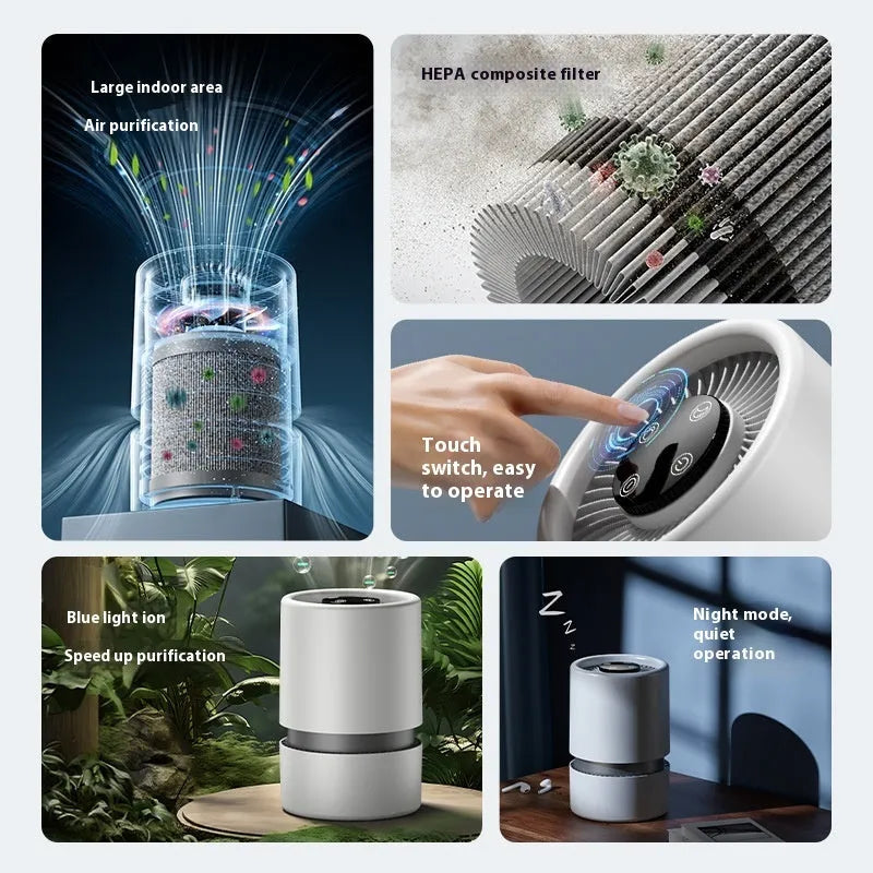 White desktop air purifier model EJ-JHQ101 removing smoke and formaldehyde in small room