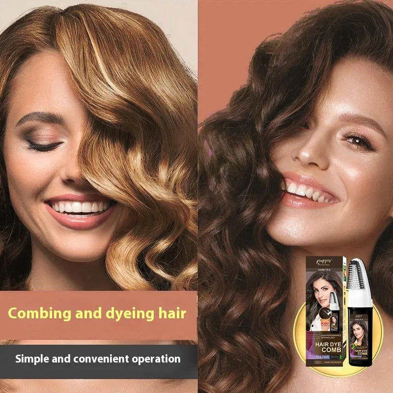 Hair dye comb applicator showing brown, dark brown, and wine red permanent colour options