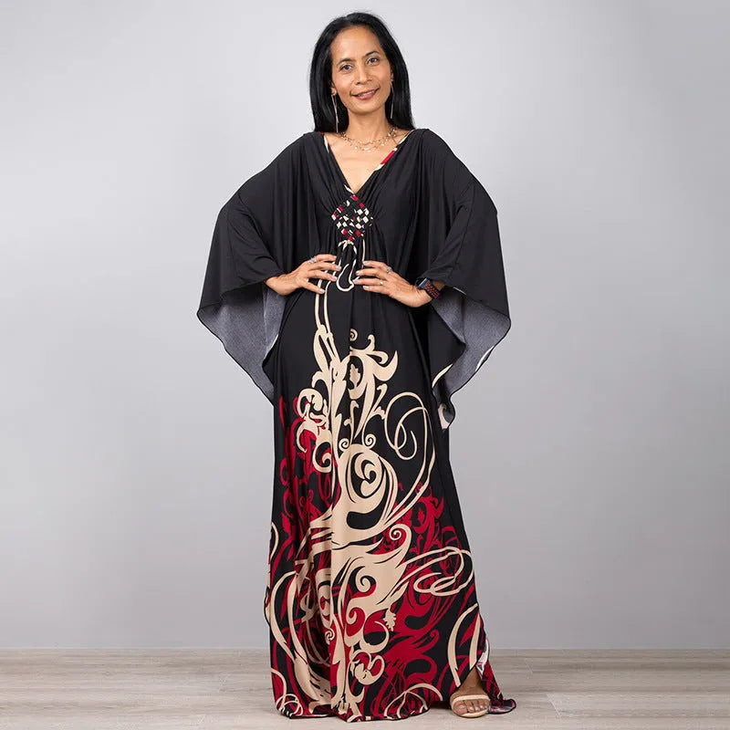Women's loose sun protection robe in black and white arc pattern, free size polyester cover-up for swimming