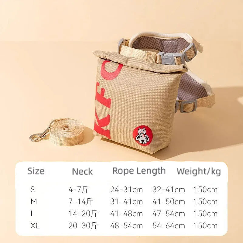 Adjustable dog vest leash with backpack in a cartoon hamburger print, showing the escape proof vest design
