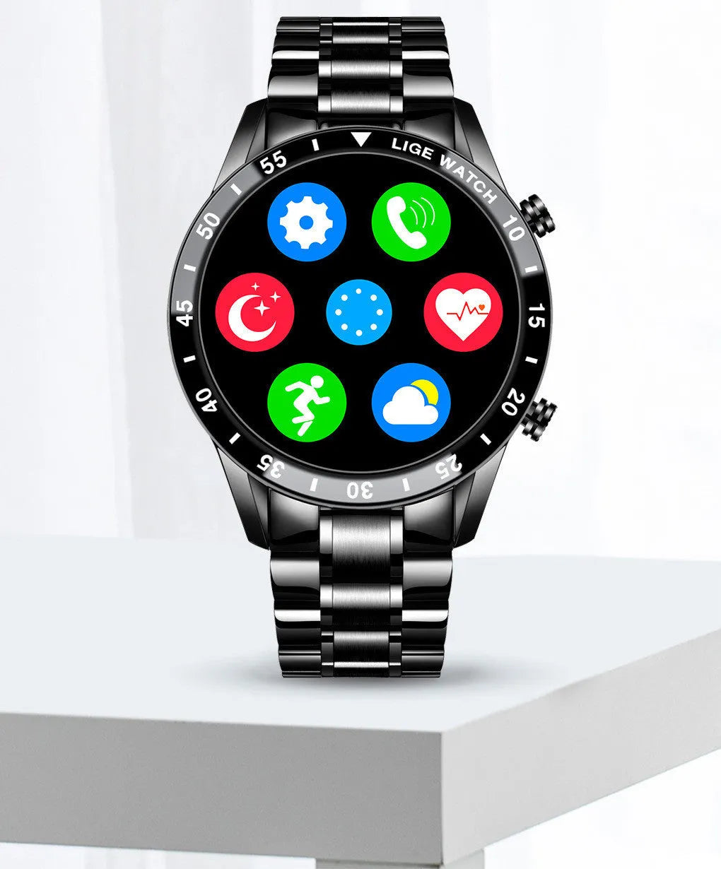 Smart watch with stainless steel wristband and 1.3-inch touch screen displaying step count