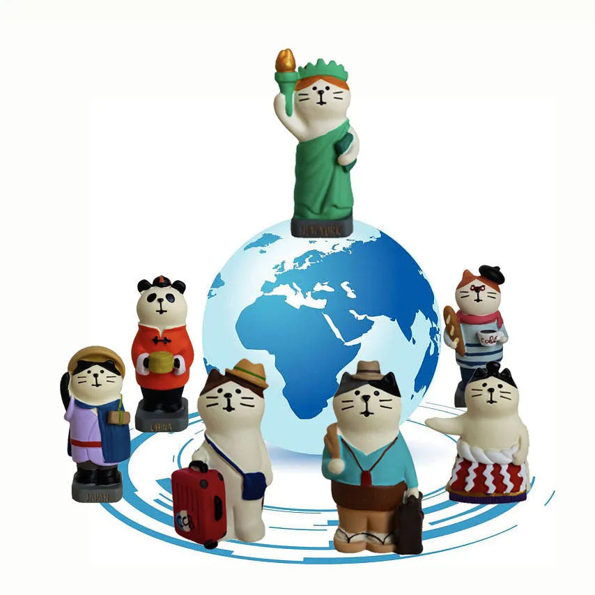 Resin cat figurine with Statue of Liberty hat and travel globe, cartoon style, carp cat variant