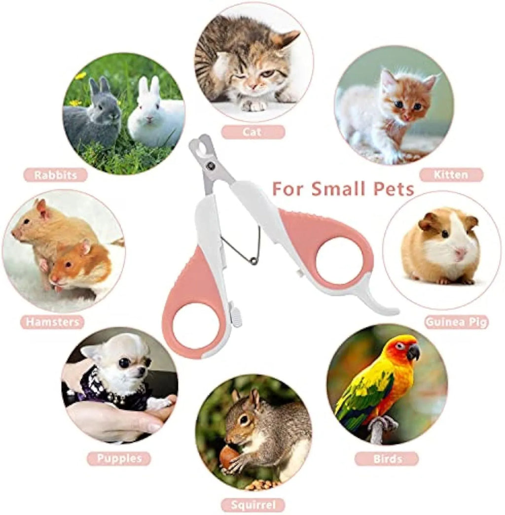 Grey and pink angled pet nail clippers with safety guard and rubber handle.