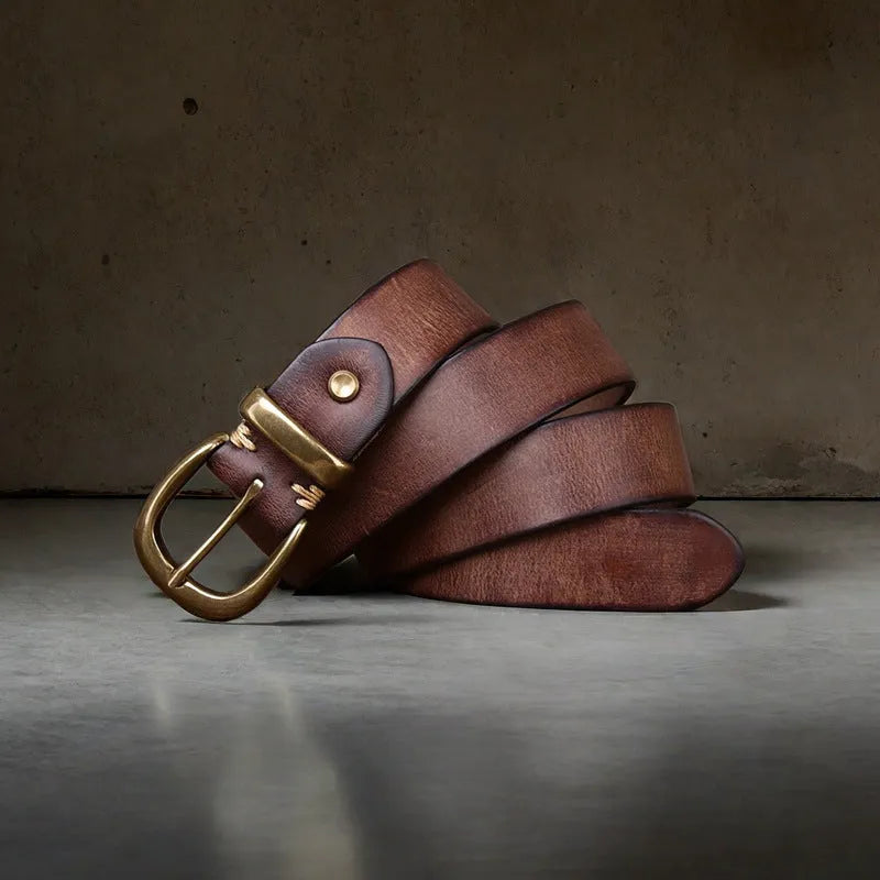 Men's casual belt in first layer cowhide leather with copper pin buckle, showing adjustable length from 95-125 cm