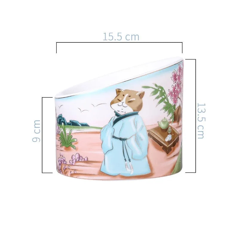 Chinese style ceramic cat bowl with high leg, double bowls and oblique mouth in universal colour for pet feeding