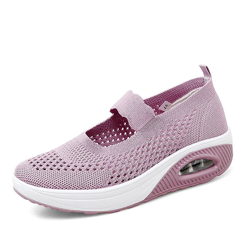Women's slip-on mesh shoes in beige, round toe, low heel, casual style on neutral background