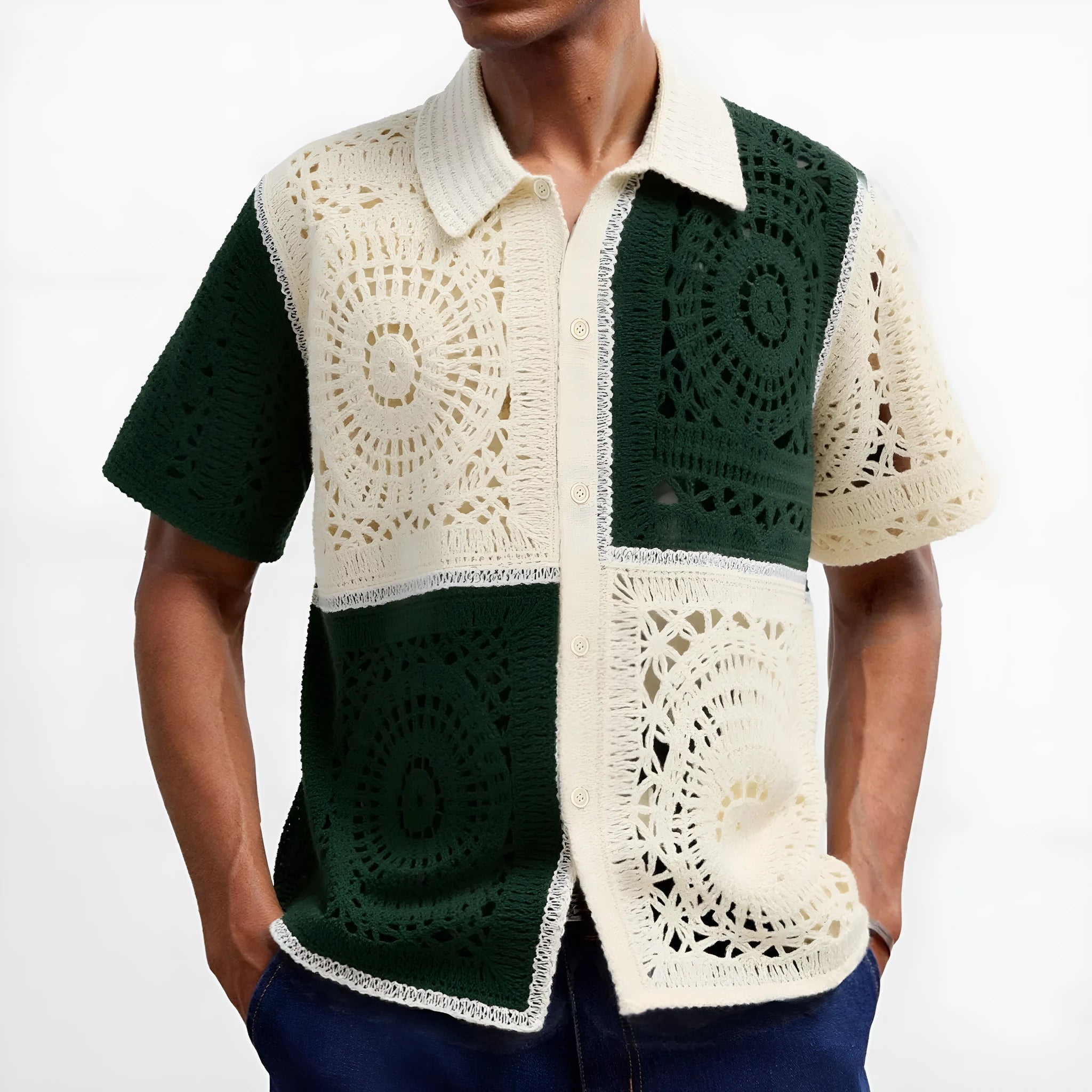 Men's beige colourblock acrylic short sleeve sweater with flocking detail