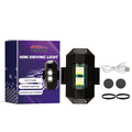 Mini driving light with ABS housing showing magnet and hook-and-loop mounting; 1.3x3.9cm size with V8USB cable on a car body panel