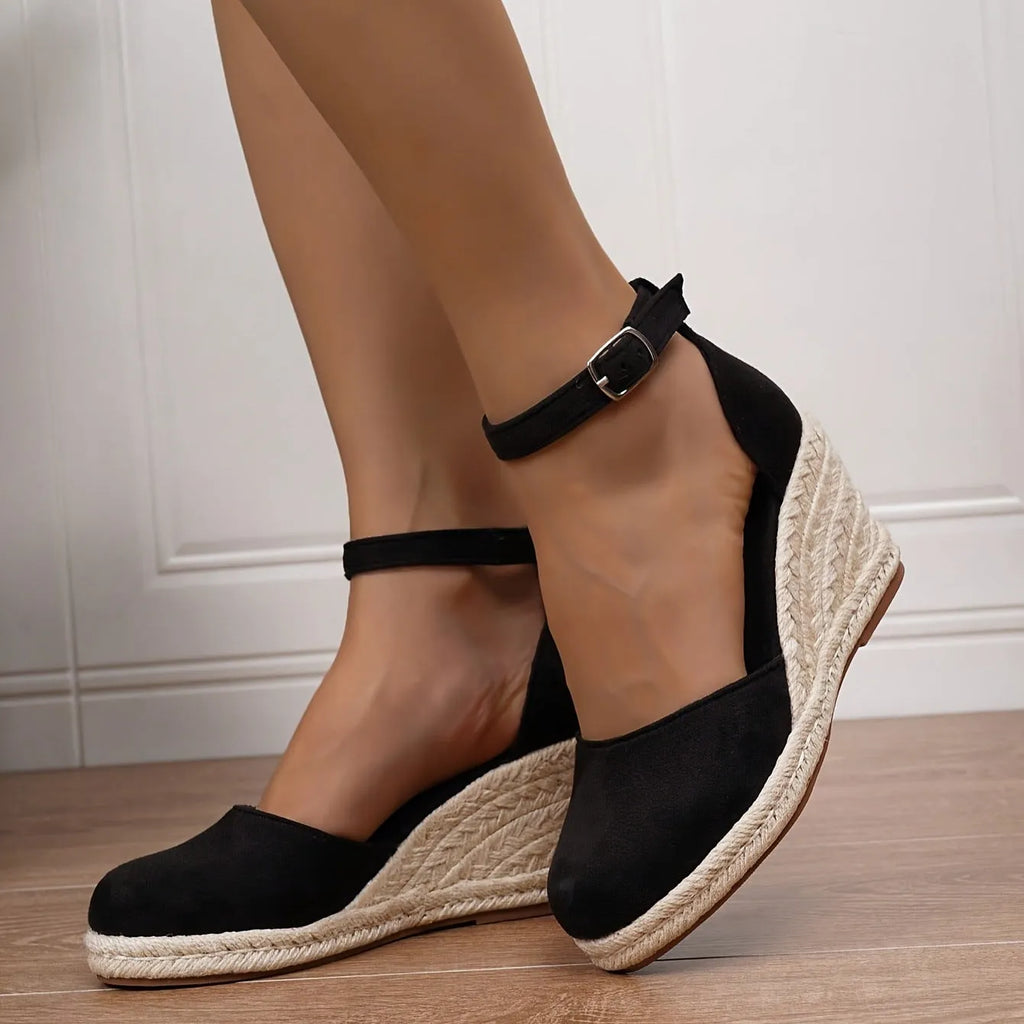 Women's versatile casual canvas wedge sandals in Roman style with buckle closure, suede upper, round toe, in apricot colour