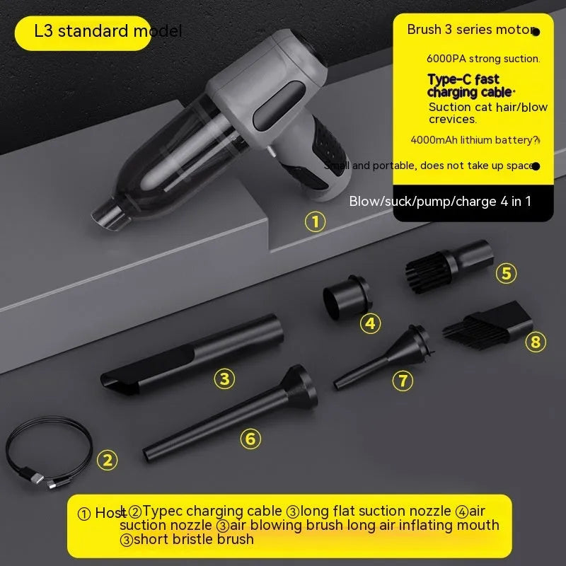 Car wireless handheld vacuum cleaner with strong suction, 4000mAh battery, and Type-C charging port, black model with attachments