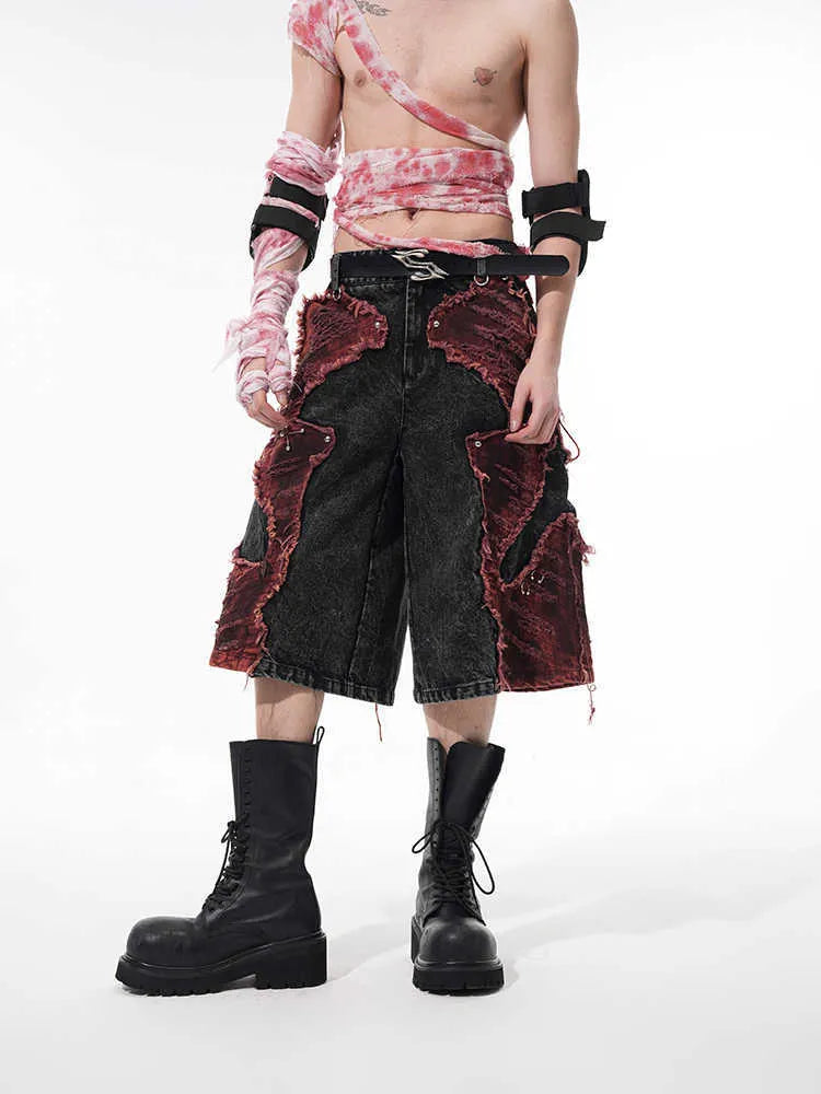Distressed brushed stitching denim cropped pants for women, wide leg, mid-high waist, loose fit, picture colour