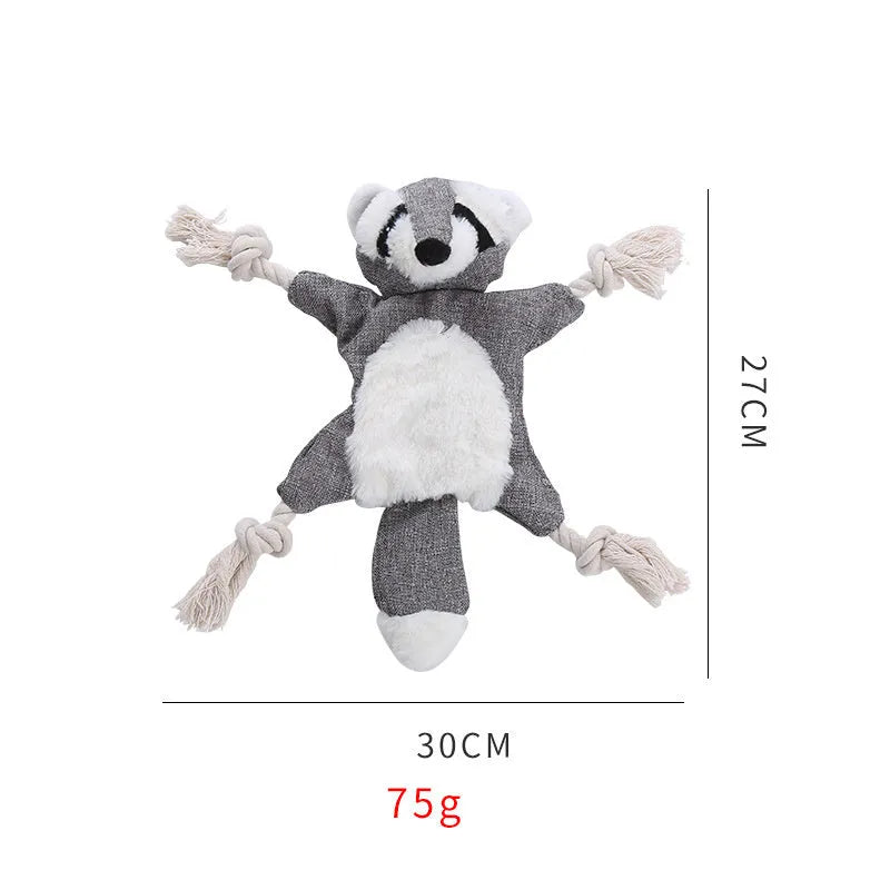 Brown plush fox dog toy with embroidered eyes, cotton rope limbs, and a squeaker in its head.