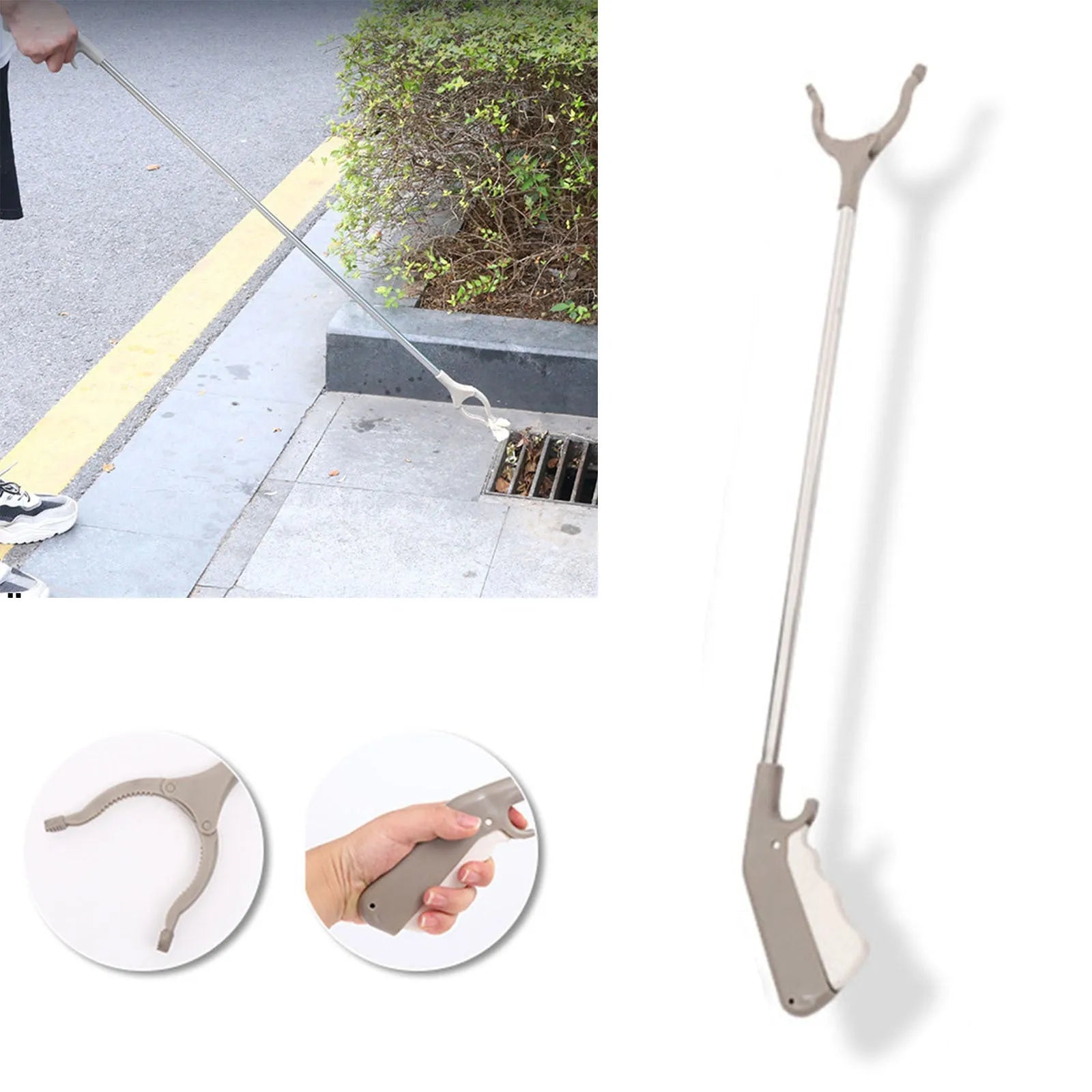 40cm stainless steel garbage picker tool with push-operation handle and non-slip gripper jaws