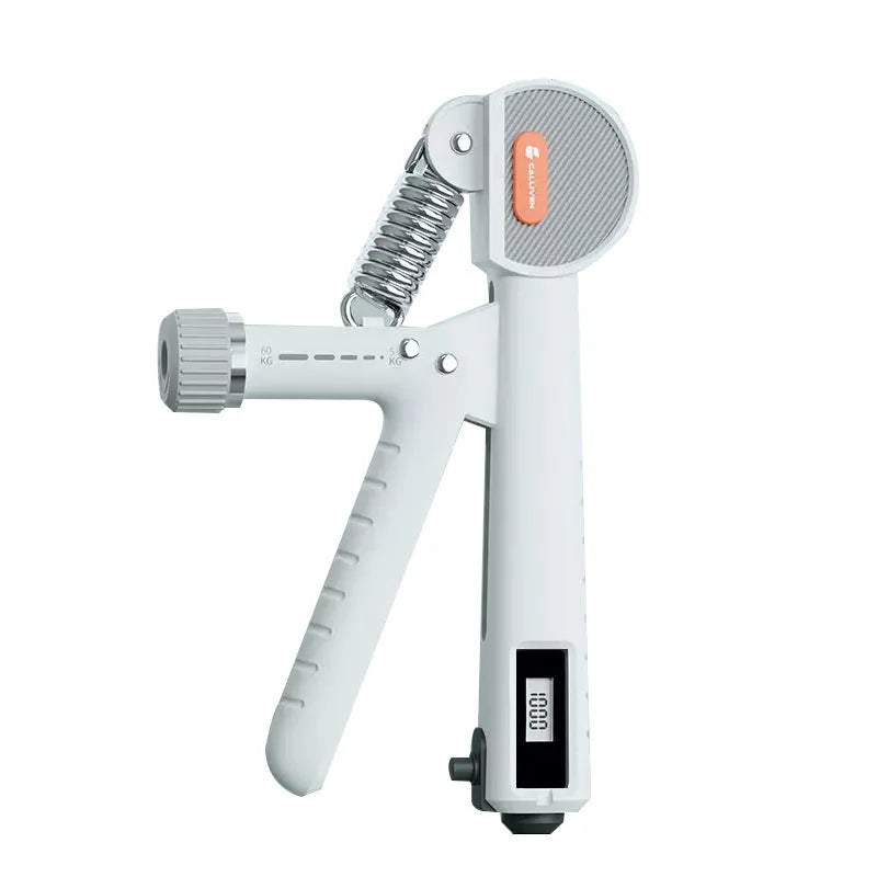 Adjustable spring hand grip strength trainer in ABS plastic, shown in white colour.
