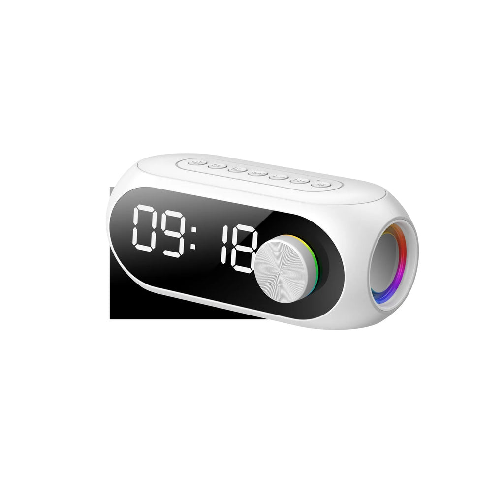 Extra Bass Portable Mini Clock Speaker in S8 Black colour on a desk with USB cable.