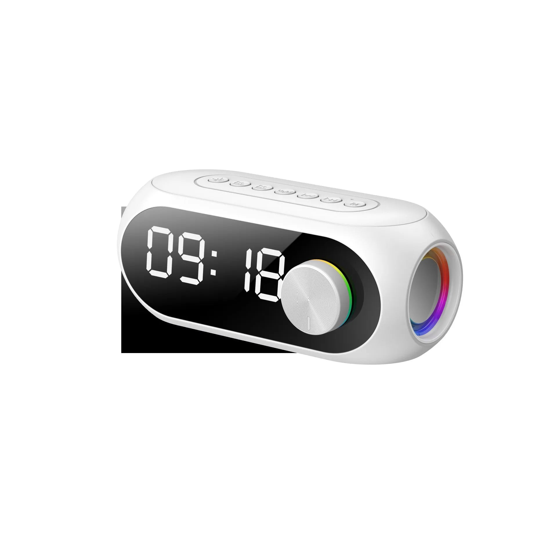 Extra Bass Portable Mini Clock Speaker in S8 Black colour on a desk with USB cable.