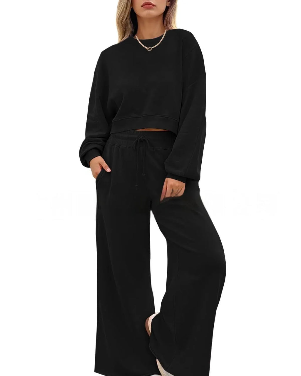 Women's solid colour casual two-piece set with long sleeves trousers in street hipster style