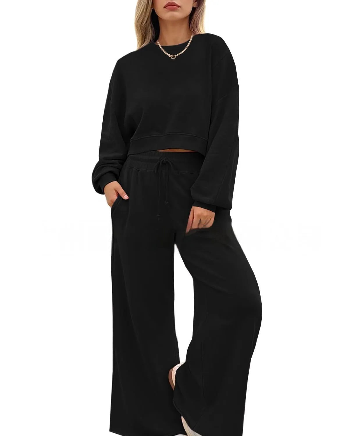 Women's solid colour casual two-piece set with long sleeves trousers in street hipster style