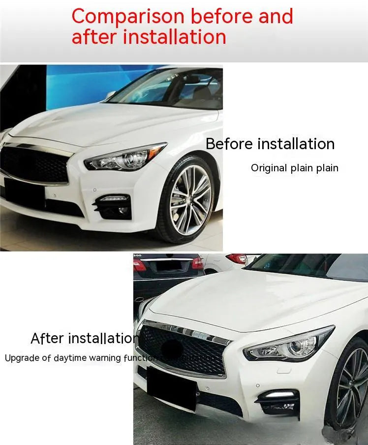 Infiniti Q50 Q70 front bumper LED daytime running and turn signal light unit with ABS housing.