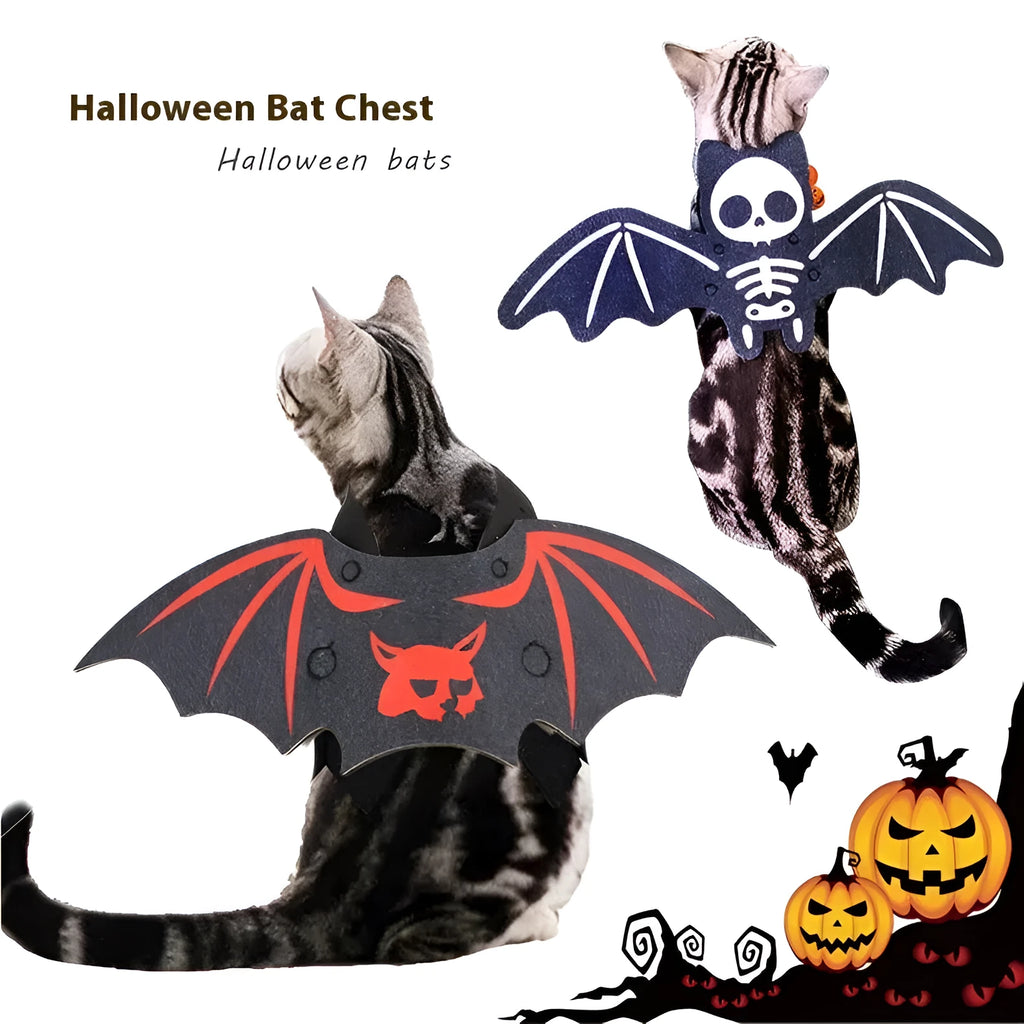 Halloween felt batwing costume for cats in pumpkin, white ghost, or red bat designs with bell option