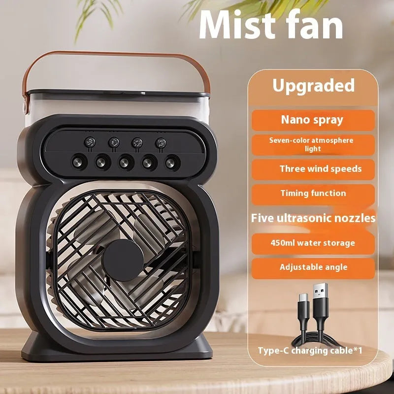 3 in 1 portable evaporative air cooler with LED night lights and USB cable on desk