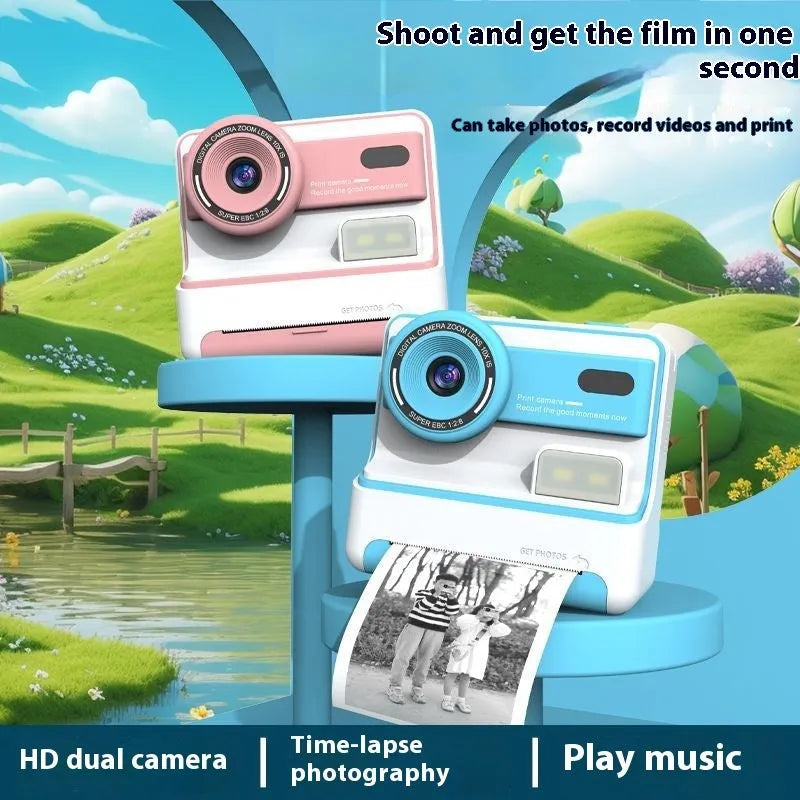 Children's dual lens printing camera in blue with ABS body, 94x56.8x89.2mm, showing front camera and lanyard