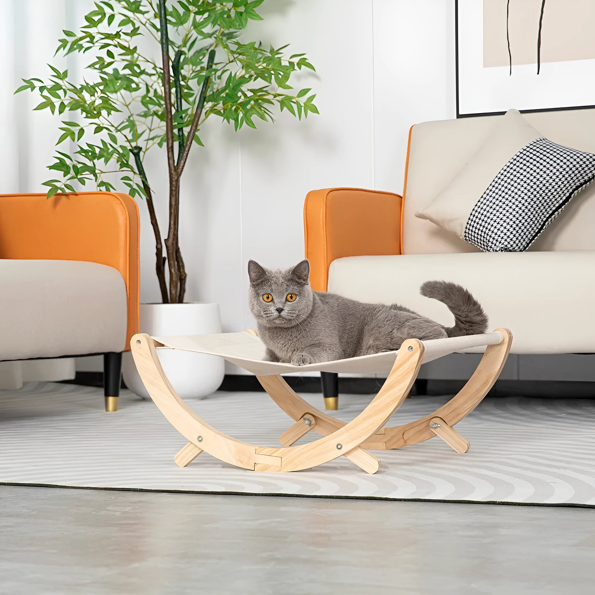 Solid wood foldable cat shaker bed hammock with canvas fabric option on a floor