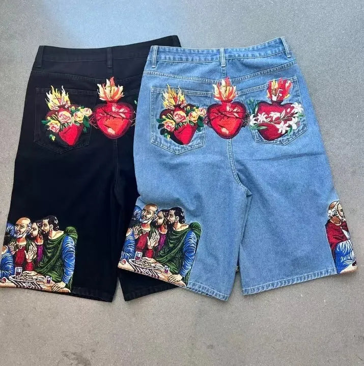 Blue men's cotton shorts with a Jesus design printed on the back pocket.